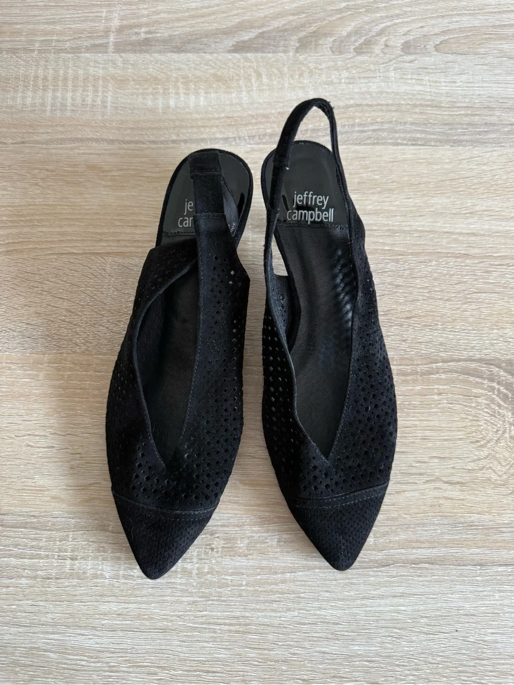 Jeffrey Campbell Bianca Slingback Pump black suede laser cut low heel Sz 8.5